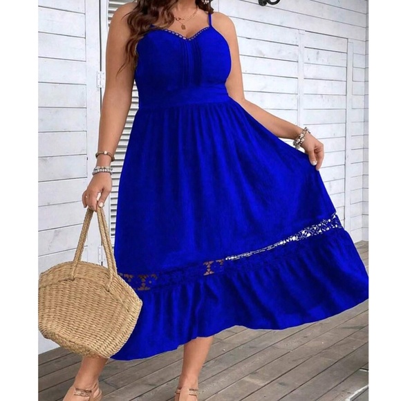 Plus Bright Blue Floral lace Cami Midi Dress - Picture 1 of 7